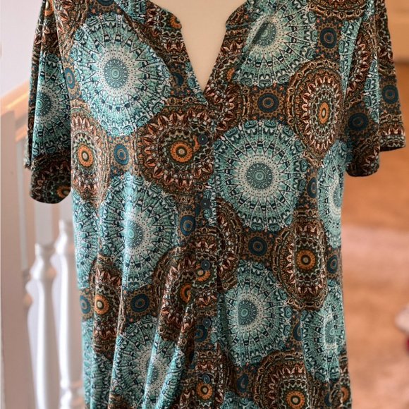 Roz & Ali Plus 1X Brown and Turquoise Pull Over Top - Picture 5 of 5